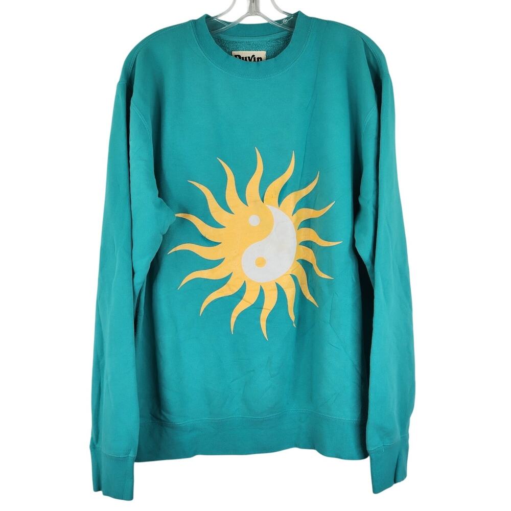 Duvin Teal Sun Print Pullover Sweatshirt Unisex Size Medium Beach Retro